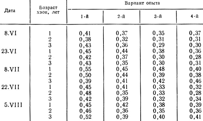Таблица 6. Отнэшение каротиноидов к сумме хлорофиллэз в хвое саженцев кедра (данные 1977 г.)