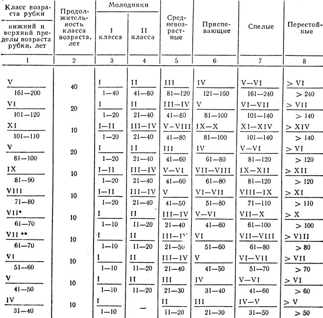 Таблица 1. Распределение насаждений по группам возраста в зависимости от возраста рубки