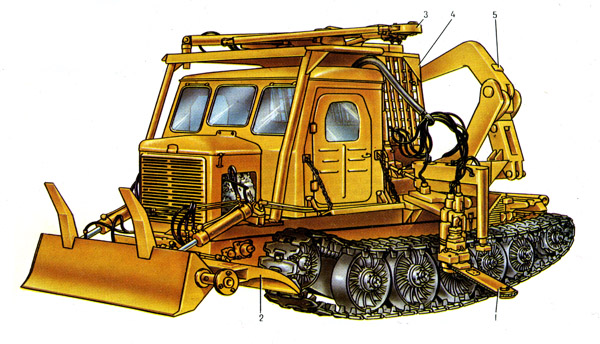 Валочная машина: 1 - механизм срезания с подвеской; 2 - механизм удаления снега; 3 - механизм направленной валки деревьев; 4 - ограждение кабины; 5 - технологический рычаг.